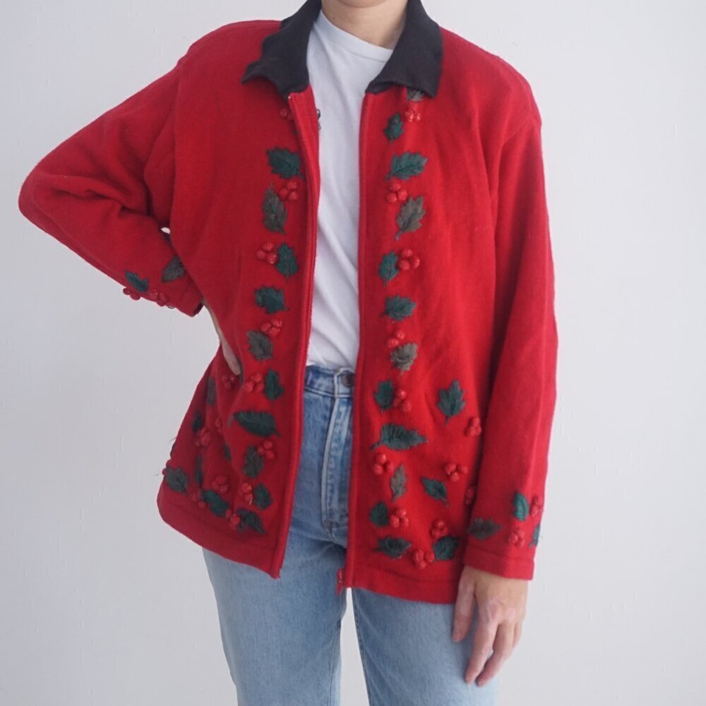 Vintage Dress Barn Red Black Embroidered Mistletoe Zip Knit Cardigan Sweater 18